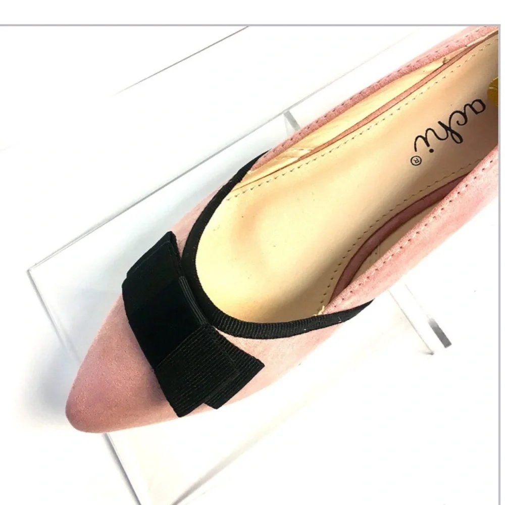 Pink Pointed Toe Flats with Black Bow - Faux Suede - Picture 5 of 7